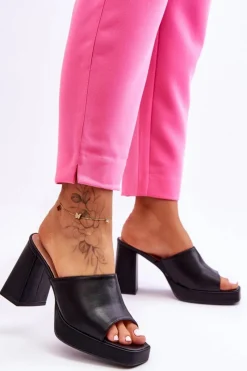 Clearance Skórzane Klapki Na Obcasie Czarne Livesa Damskie Klapki Na Obcasie|Klapki Damskie Klasyczne