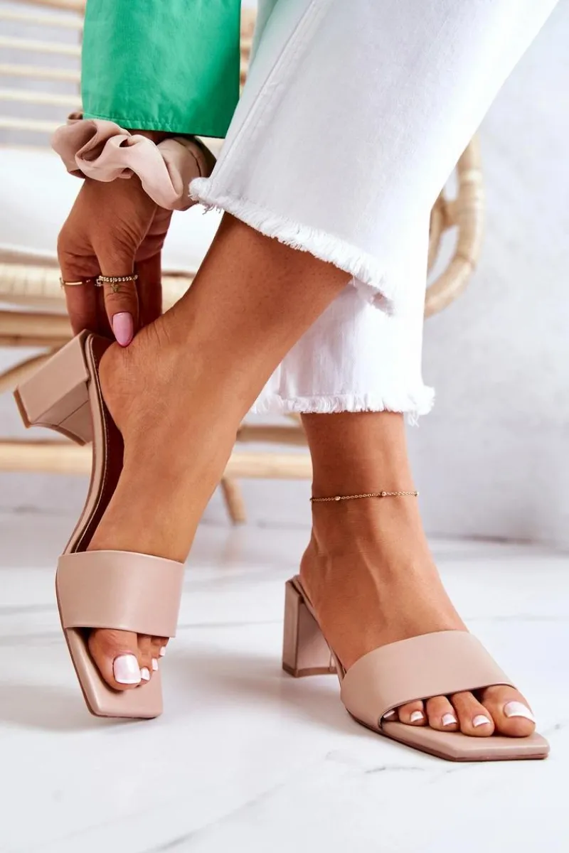 New Skórzane Klapki Na Obcasie Beżowe Netty Damskie Klapki Na Obcasie|Klapki Damskie Klasyczne