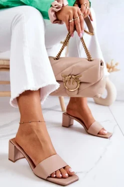 New Skórzane Klapki Na Obcasie Beżowe Netty Damskie Klapki Na Obcasie|Klapki Damskie Klasyczne