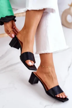 Hot Skórzane Klapki Na Obcasie Czarne Netty Damskie Klapki Na Obcasie|Klapki Damskie Klasyczne