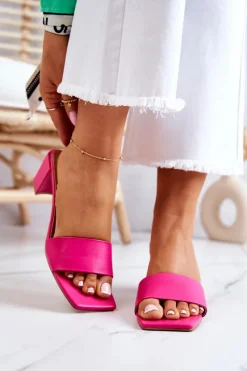 Outlet Boto Skórzane Klapki Na Obcasie Różowe Netty