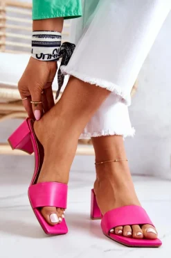 Outlet Boto Skórzane Klapki Na Obcasie Różowe Netty