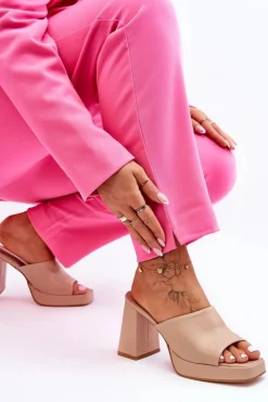 Clearance Skórzane Klapki Na Obcasie Beżowe Livesa Damskie Klapki Na Obcasie|Klapki Damskie Klasyczne