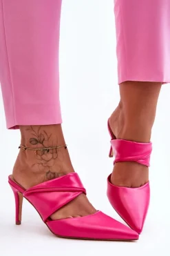 Outlet Skórzane Klapki Na Szpilce Fuksja Aveline Damskie Klapki Na Obcasie|Klapki Damskie Klasyczne