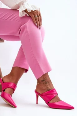 Outlet Skórzane Klapki Na Szpilce Fuksja Aveline Damskie Klapki Na Obcasie|Klapki Damskie Klasyczne