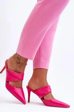 Outlet Skórzane Klapki Na Szpilce Fuksja Aveline Damskie Klapki Na Obcasie|Klapki Damskie Klasyczne