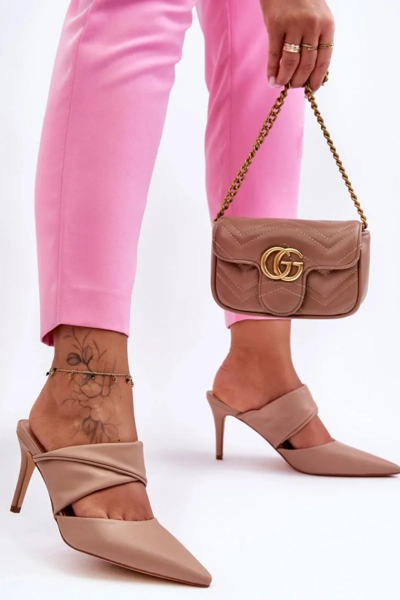 Online Boto Skórzane Klapki Na Szpilce Ciemnobeżowe Aveline