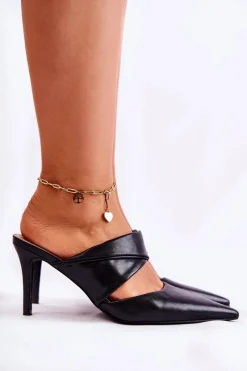 Hot Skórzane Klapki Na Szpilce Czarne Aveline Damskie Klapki Na Obcasie|Klapki Damskie Klasyczne