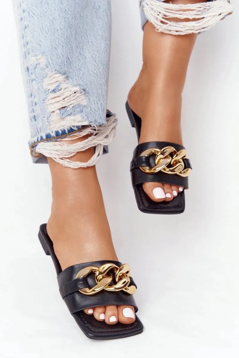 Klapki Damskie Klasyczne>Boto Skórzane Klapki Z Łańcuchem Czarne French Kiss