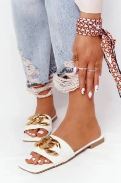 Clearance Skórzane Klapki Z Łańcuchem Białe French Kiss Damskie Klapki Damskie Klasyczne