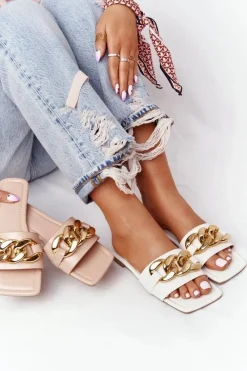 Clearance Skórzane Klapki Z Łańcuchem Białe French Kiss Damskie Klapki Damskie Klasyczne