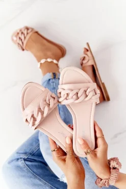 Klapki Damskie Klasyczne>Boto Skórzane Klapki Z Łańcuchem Beżowe Step By Step