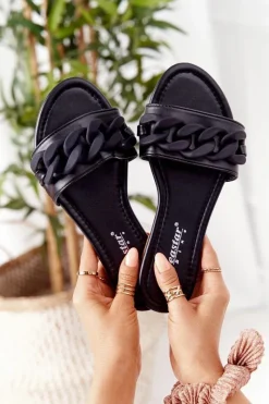 New Boto Skórzane Klapki Z Łańcuchem Czarne Step By Step
