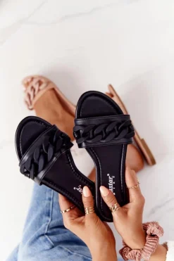 New Boto Skórzane Klapki Z Łańcuchem Czarne Step By Step