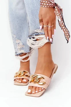 New Boto Skórzane Klapki Z Łańcuchem Nude French Kiss