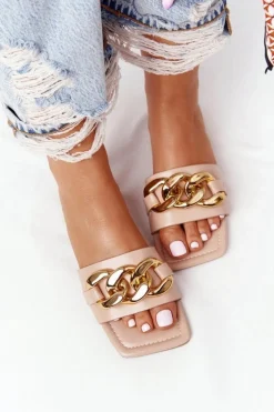 New Boto Skórzane Klapki Z Łańcuchem Nude French Kiss