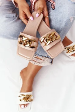 New Boto Skórzane Klapki Z Łańcuchem Nude French Kiss