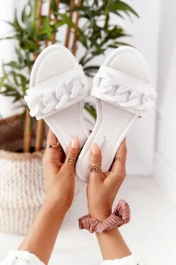 Klapki Damskie Klasyczne>Boto Skórzane Klapki Z Łańcuchem Białe Step By Step