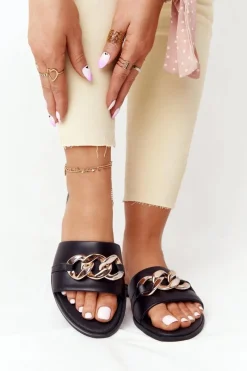 Discount Boto Skórzane Klapki Z Łańcuszkiem Nicole 2652 Czarne