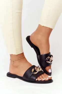 Discount Boto Skórzane Klapki Z Łańcuszkiem Nicole 2652 Czarne
