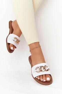 New Skórzane Klapki Z Łańcuszkiem Nicole 2652 Białe Damskie Klapki Damskie Klasyczne