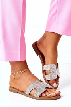 Klapki Damskie Klasyczne>Evento Skórzane Klapki Z Cyrkoniami Srebrne Modena