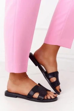 Skórzane Klapki Z Cyrkoniami Czarne Modena Damskie Klapki Damskie Klasyczne