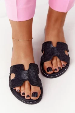 Skórzane Klapki Z Cyrkoniami Czarne Modena Damskie Klapki Damskie Klasyczne