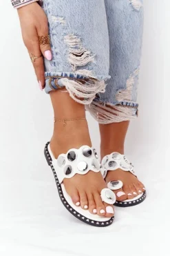 Klapki Damskie Klasyczne>Boto Skórzane Klapki Z Dżetami Białe Ava