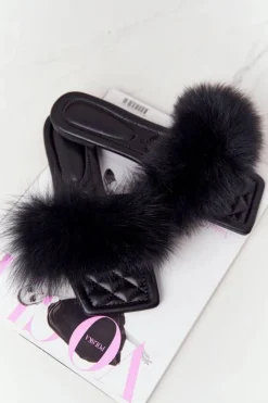 Skórzane Klapki Z Futerkiem Czarne Love You So Damskie Klapki Z Futerkiem|Klapki Damskie Klasyczne