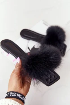 Skórzane Klapki Z Futerkiem Czarne Love You So Damskie Klapki Z Futerkiem|Klapki Damskie Klasyczne