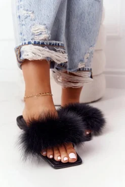 Skórzane Klapki Z Futerkiem Czarne Love You So Damskie Klapki Z Futerkiem|Klapki Damskie Klasyczne