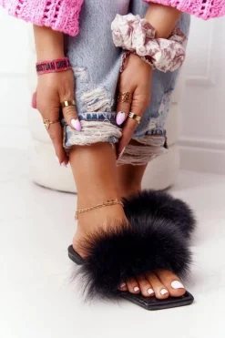 Skórzane Klapki Z Futerkiem Czarne Love You So Damskie Klapki Z Futerkiem|Klapki Damskie Klasyczne