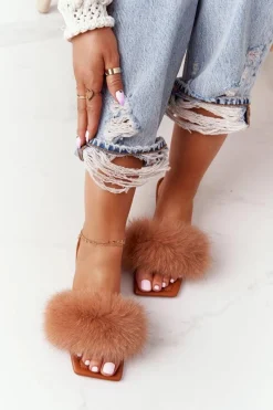 Sale Boto Skórzane Klapki Z Futerkiem Camel Love You So