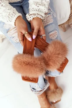 Sale Boto Skórzane Klapki Z Futerkiem Camel Love You So