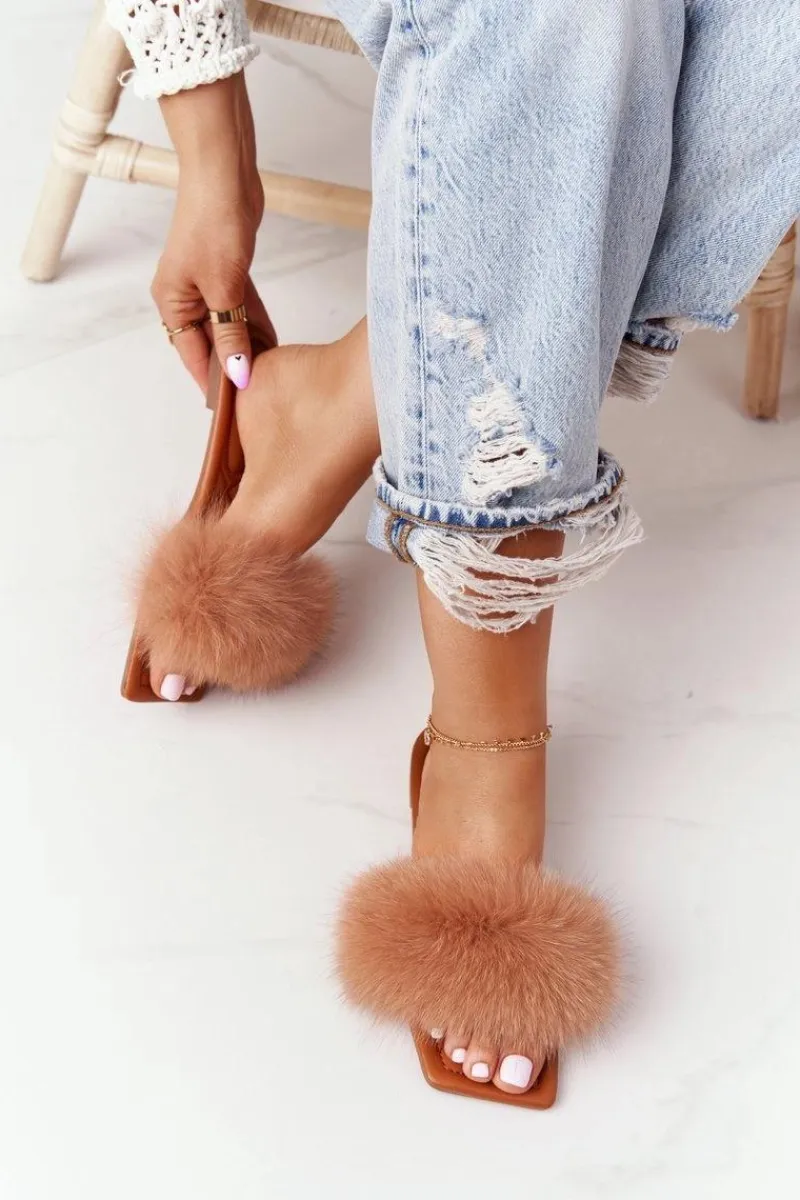 Sale Boto Skórzane Klapki Z Futerkiem Camel Love You So