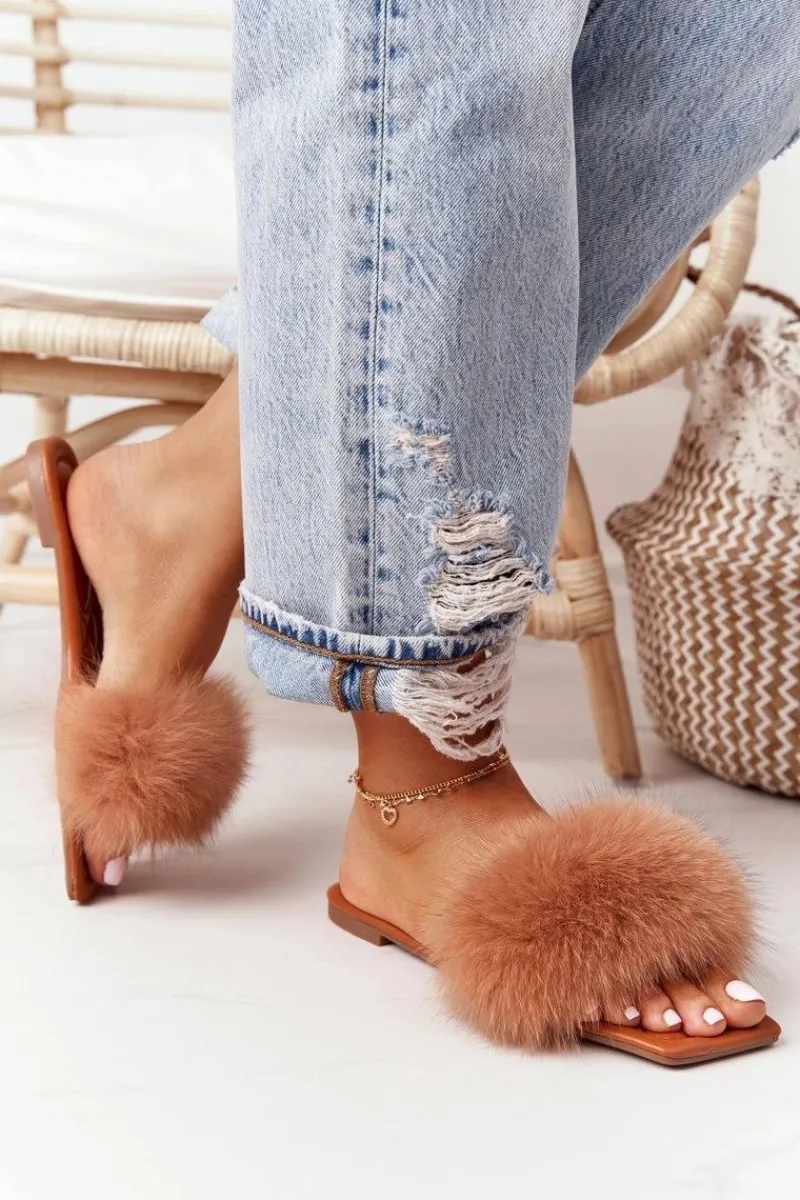 Sale Boto Skórzane Klapki Z Futerkiem Camel Love You So