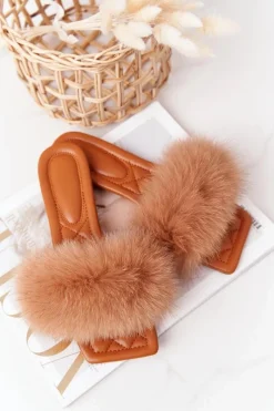 Sale Boto Skórzane Klapki Z Futerkiem Camel Love You So