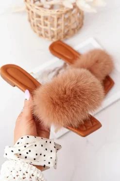 Sale Boto Skórzane Klapki Z Futerkiem Camel Love You So