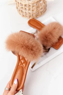 Sale Boto Skórzane Klapki Z Futerkiem Camel Love You So