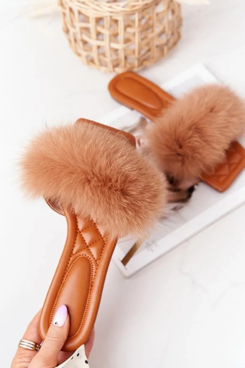 Sale Boto Skórzane Klapki Z Futerkiem Camel Love You So