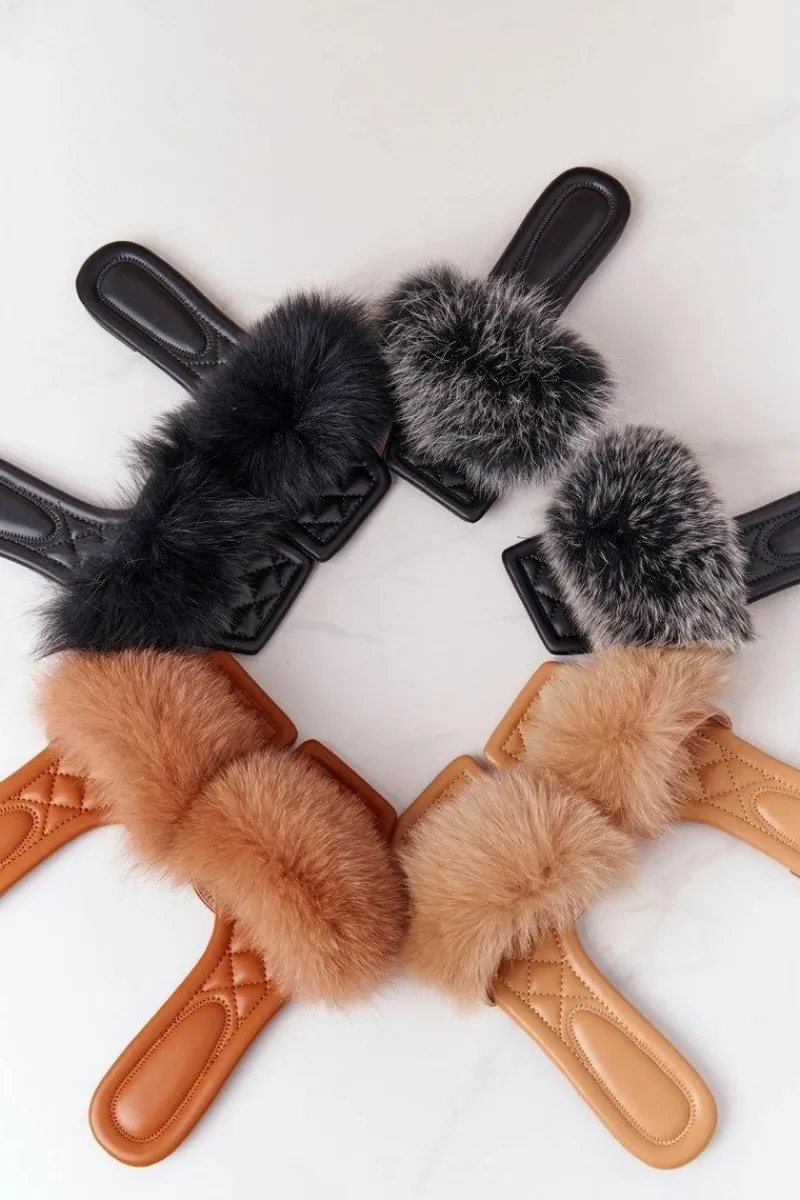 Sale Boto Skórzane Klapki Z Futerkiem Camel Love You So