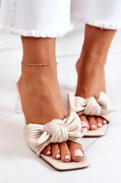 Clearance Skórzane Klapki Z Kokardą Beżowe Rosalee Damskie Klapki Na Obcasie|Klapki Damskie Klasyczne