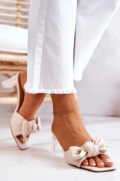 Clearance Skórzane Klapki Z Kokardą Beżowe Rosalee Damskie Klapki Na Obcasie|Klapki Damskie Klasyczne