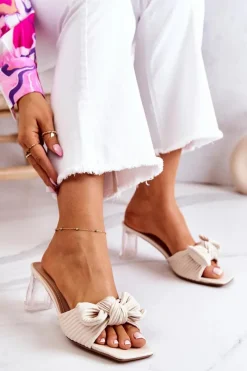 Clearance Skórzane Klapki Z Kokardą Beżowe Rosalee Damskie Klapki Na Obcasie|Klapki Damskie Klasyczne