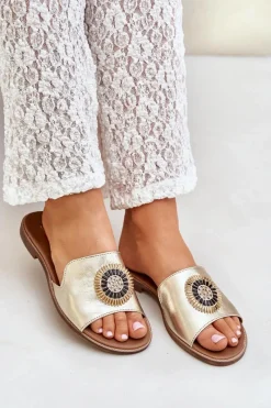 Klapki Damskie Klasyczne>Boto Skórzane Klapki Z Ozdobą Na Płaskim Obcasie Zazoo 3047/O Złote Złoty