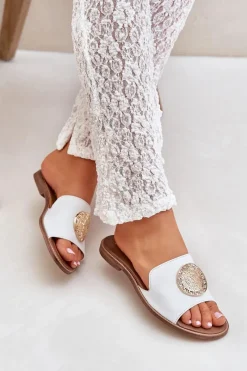 New Skórzane Klapki Z Ozdobą Na Płaskim Obcasie Zazoo 3047/O Białe Damskie Klapki Damskie Klasyczne