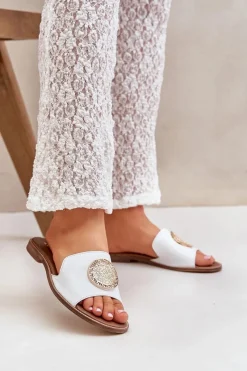 New Skórzane Klapki Z Ozdobą Na Płaskim Obcasie Zazoo 3047/O Białe Damskie Klapki Damskie Klasyczne