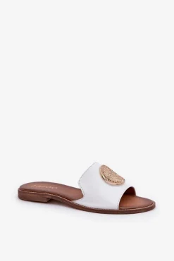 New Skórzane Klapki Z Ozdobą Na Płaskim Obcasie Zazoo 3047/O Białe Damskie Klapki Damskie Klasyczne