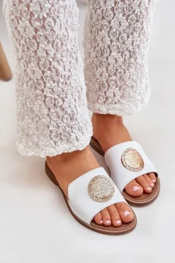 New Skórzane Klapki Z Ozdobą Na Płaskim Obcasie Zazoo 3047/O Białe Damskie Klapki Damskie Klasyczne